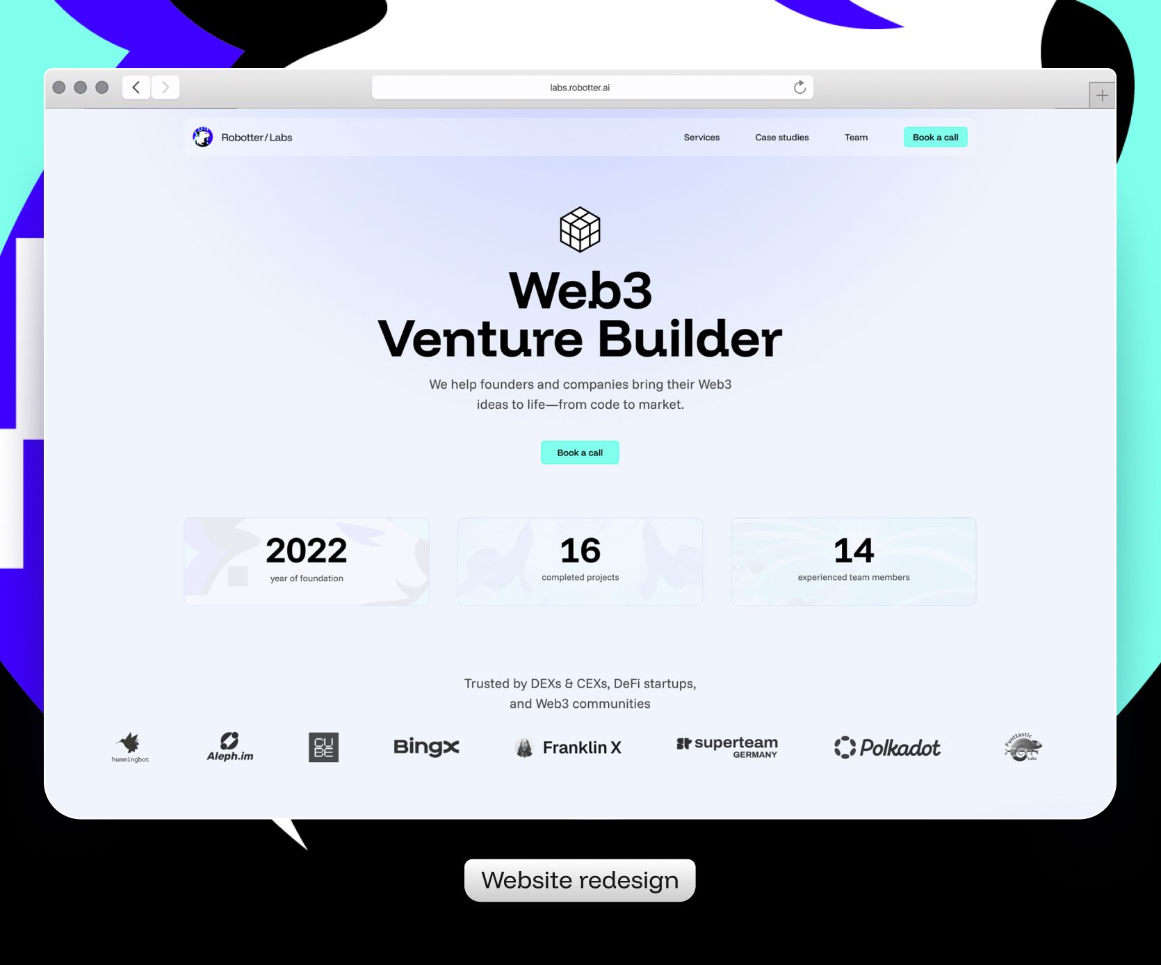 Первый экран labs.robotter.ai: заголовок Web3 Venture Builder, три плитки с числами и логотипы клиентов