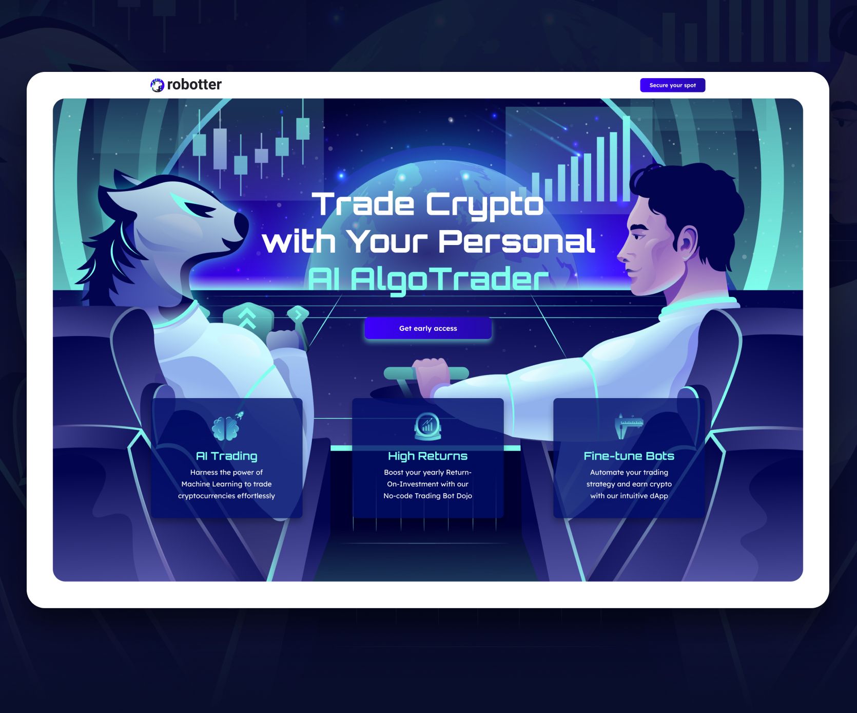 Первый экран robotter.ai: заголовок Trade Crypto with Your Personal AI AlgoTrader и три плитки преимуществ