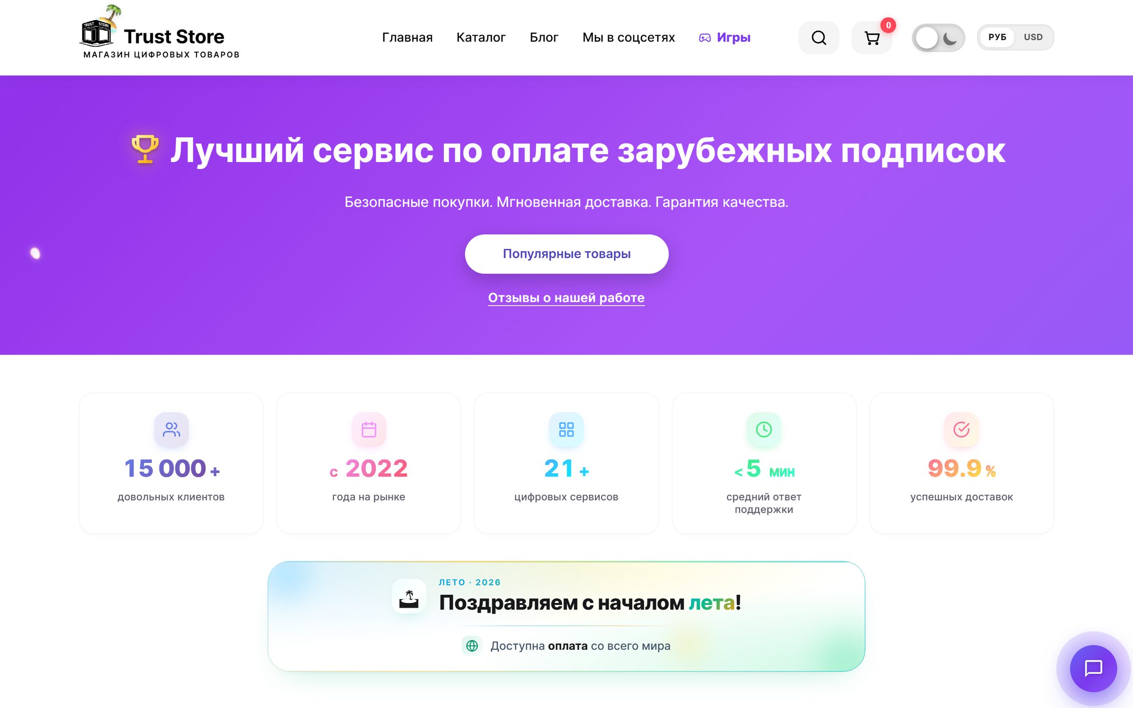 Старый первый экран truststore.ru: фиолетовый градиент во весь экран, заголовок «Лучший сервис по оплате зарубежных подписок» с эмодзи трофея, подзаголовок «Безопасные покупки. Мгновенная доставка. Гарантия качества.», белая кнопка «Популярные товары» и ссылка «Отзывы о нашей работе». Ниже — пять карточек фактов и летний баннер «Поздравляем с началом лета!»