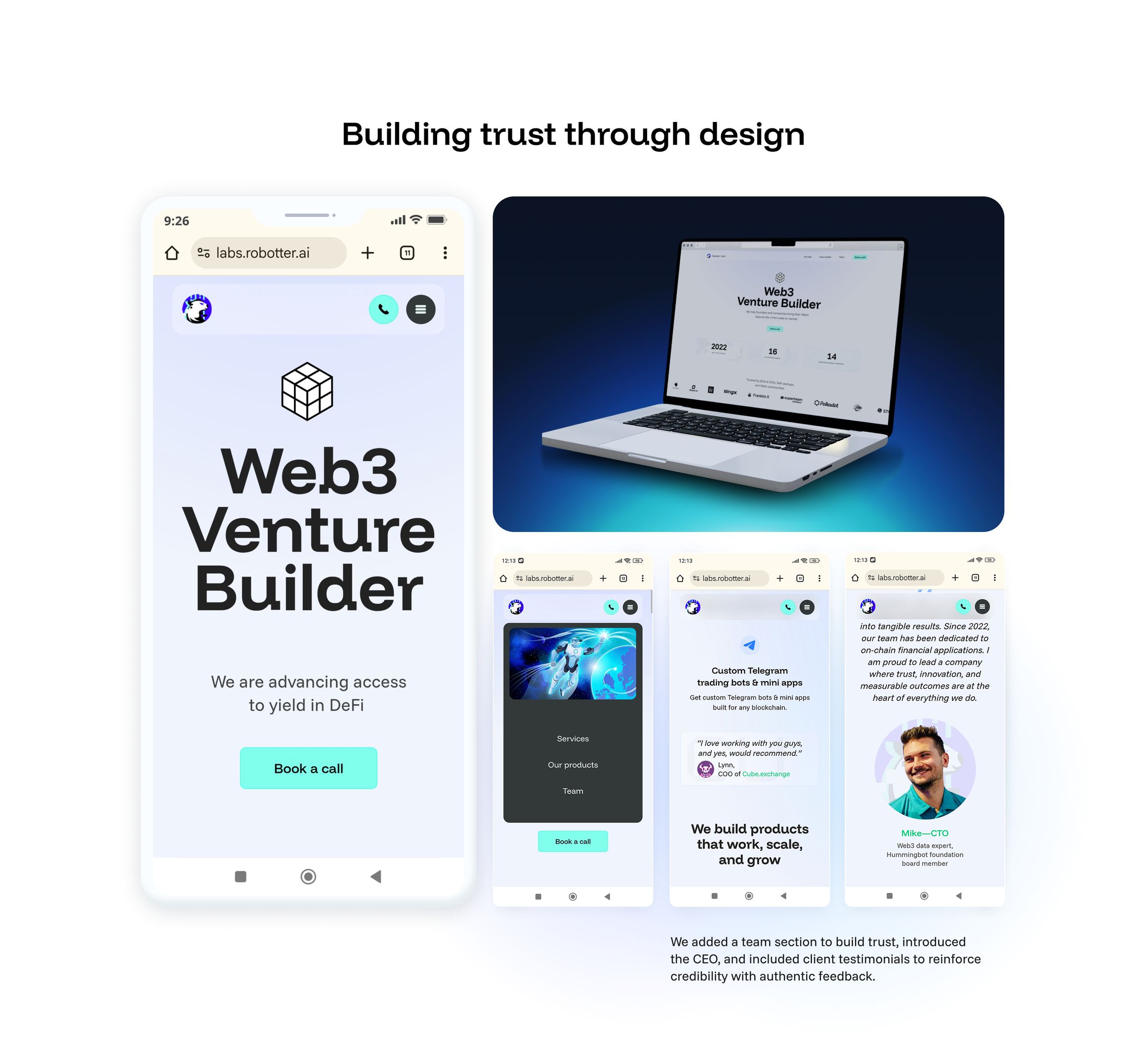 «Building trust through design»: первый экран на телефоне и ноутбуке, три экрана телефона — меню, услуга с отзывом клиента и обращение CEO с портретом. Подпись: на сайт добавлены раздел команды, обращение CEO и отзывы клиентов