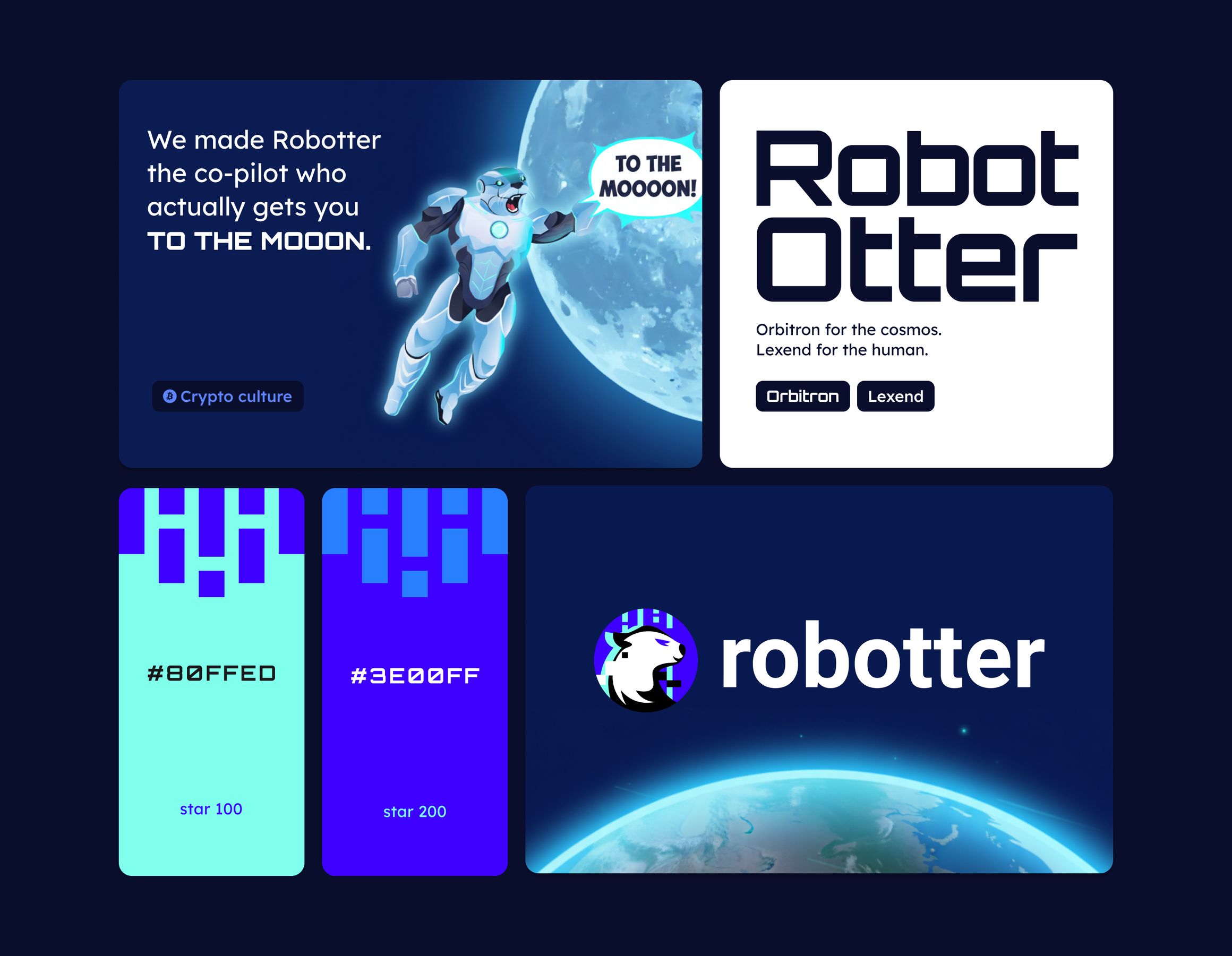 Айдентика. Robotter — второй пилот, с которым трейдер летит «TO THE MOOON»: мем криптокультуры. Робот-выдра летит к Луне, гарнитуры Orbitron и Lexend, два цвета: мятный #80FFED и фиолетовый #3E00FF. Знак и надпись robotter над Землёй