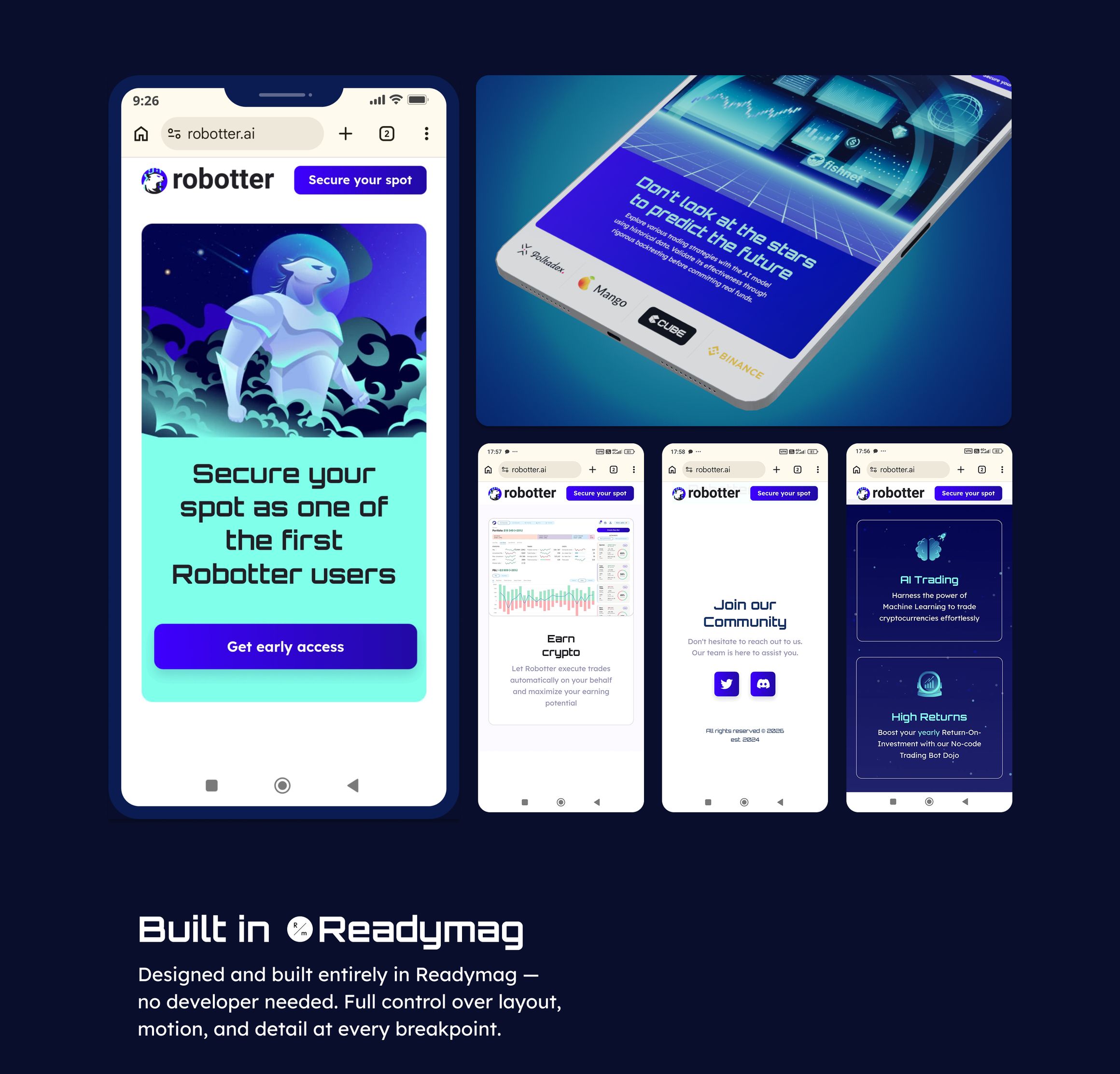Мобильная версия на телефоне и планшете, три экрана телефона. Подпись «Built in Readymag»: лендинг собран целиком в Readymag, без разработчика, с раскладкой и движением на каждой ширине
