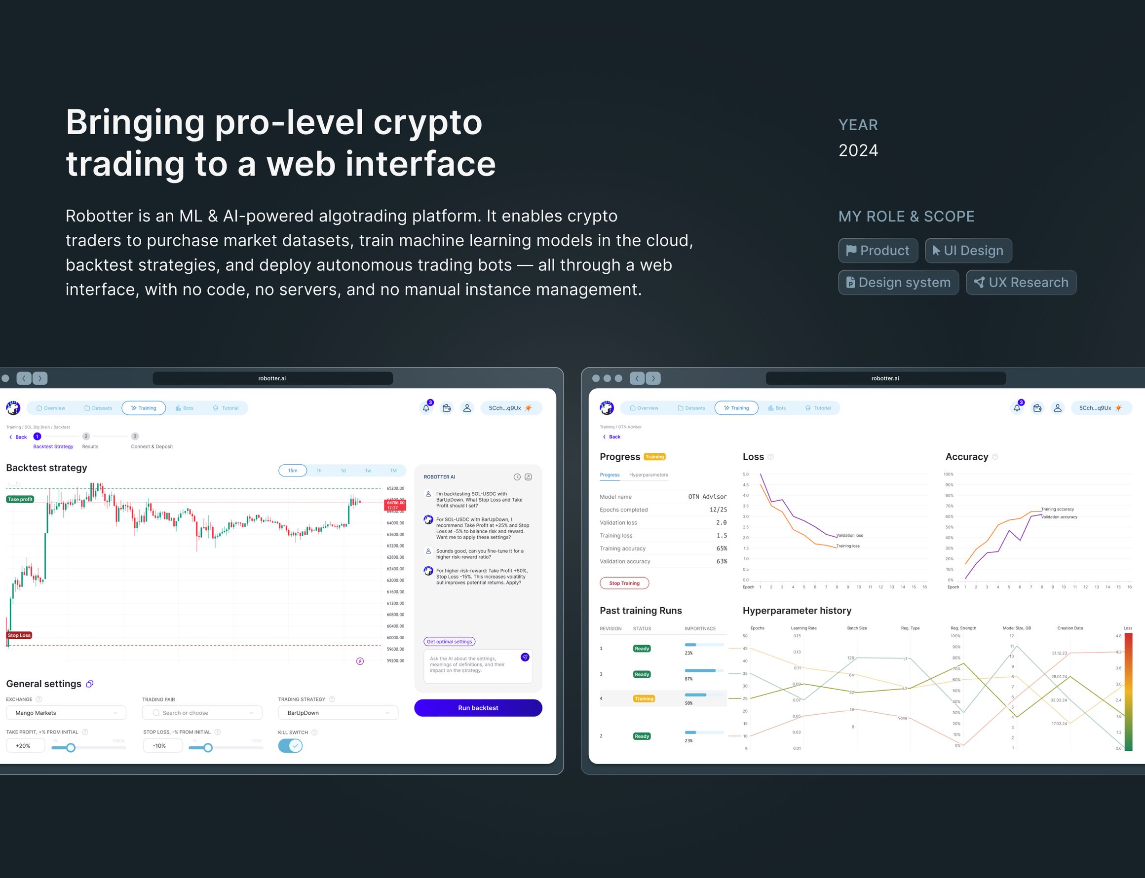 Вступление кейса: «Bringing pro-level crypto trading to a web interface». Алготрейдинговая платформа на ML и AI: трейдер покупает рыночные данные, обучает модели в облаке, проверяет стратегии на истории и запускает торговых ботов через веб, без кода и своих серверов. Год 2024, роль — продукт, UI, дизайн-система, UX-исследования. Ниже два экрана: настройка бэктеста с AI-чатом и обучение модели с графиками потерь и точности